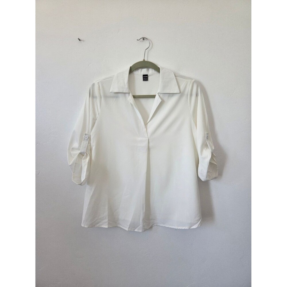 White Blouse Top ¾ Sleeve Roll Tab V Neckline Minimalist Breezy Summer Neutral S